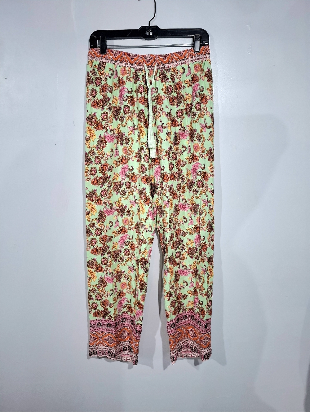 Paparazzi Lightweight Colorful Wide Leg Pants Sz L Drawstring Boho Indie Summer